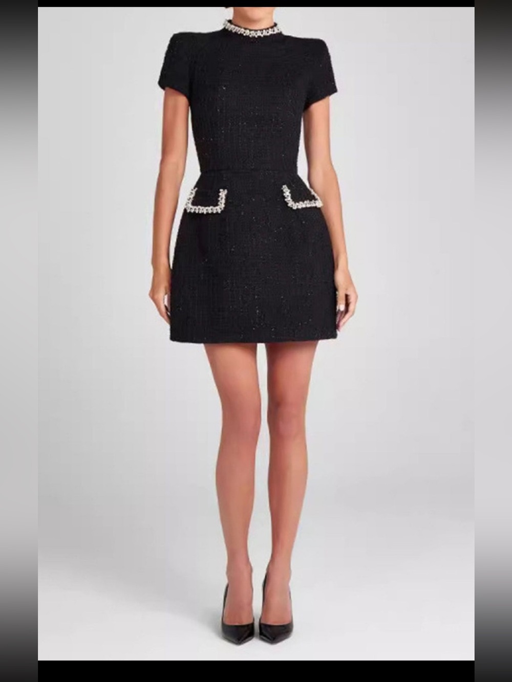 Black Short-Sleeve Tweed Mini Dress with Pearl-Trim Pockets